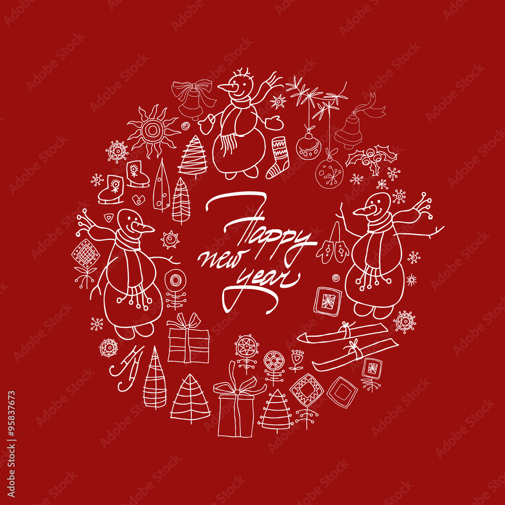 Naklejka premium Happy New Year and Christmas card with hand draw elements. Vector illustration.