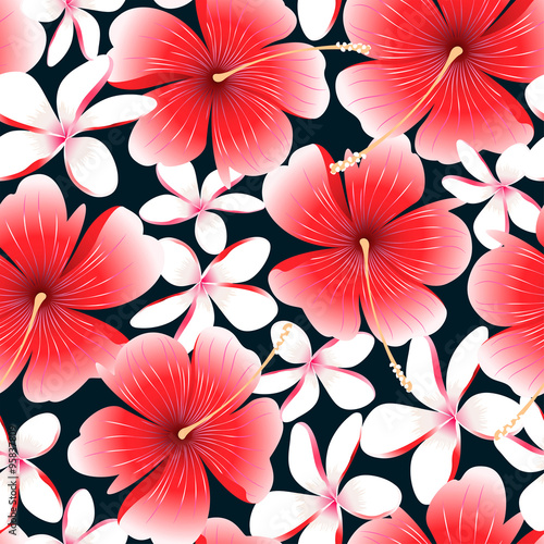 Red tropical hibiscus flower with frangipani seamless pattern