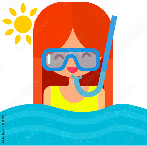 girl in diving mask with snorkel. Swimming in blue water. Summer flat vector illustration with cute character