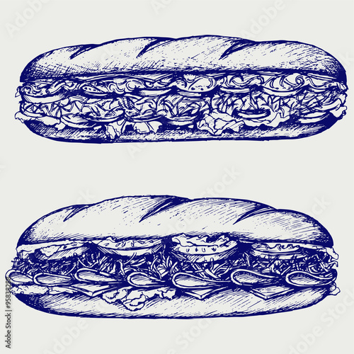 Sub Sandwich with sausage, cheese, lettuce and tomato. Isolated on blue background. Vector silhouettes