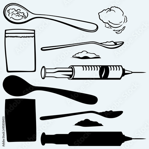 Drug syringe. Cooked heroin on spoon. Isolated on blue background. Vector silhouettes