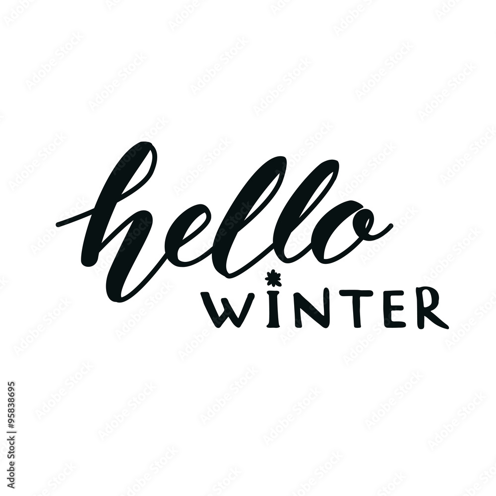 Hello winter. Typography banner with hand lettering, brush script. Winter season cards, december greetings for social media. Vector calligraphy Hello winter. Typography banner with hand lettering, brush script. Winter season cards, december greetings for social media. Vector calligraphy