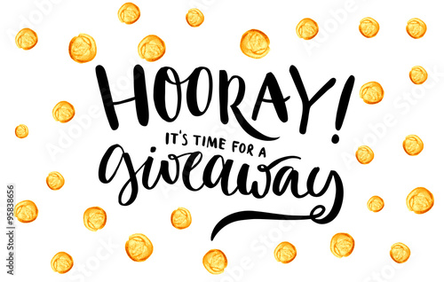 Giveaway banner for social media contests and special offer. Vector hand lettering at gold dots background. Modern calligraphy style