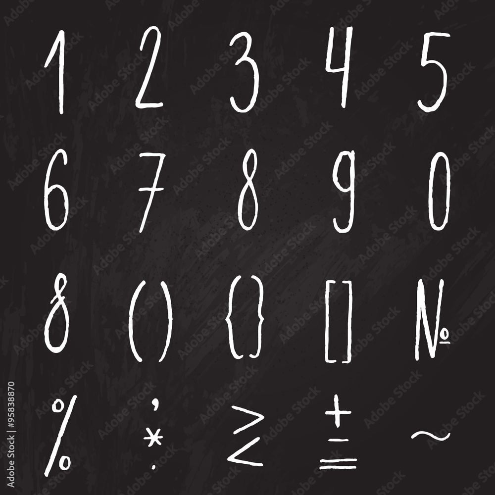Chalk numbers and mathematical symbols on the chalkboard. Vector digits