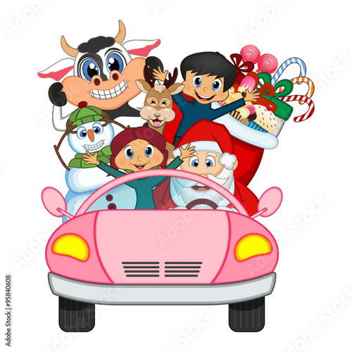 Santa Claus Driving a Pink Car Along With Reindeer  Snowman And Brings Many Gifts Vector Illustration