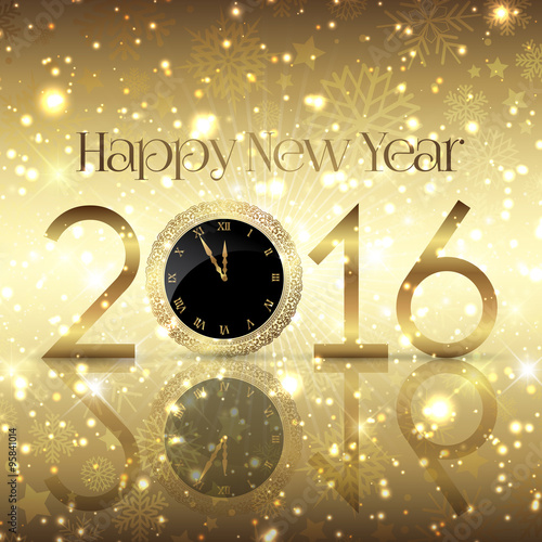 Golden Happy New Year background with a clock design
