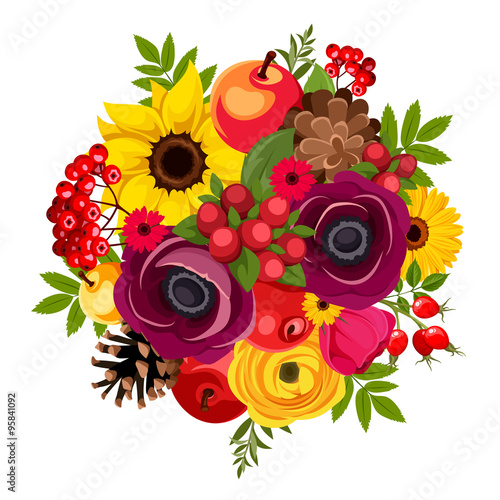 Autumn bouquet with purple, red and yellow flowers, apples, rowan berries, rosehip, cones and leaves. Vector illustration.