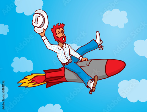 Funny cowboy riding missile as rodeo