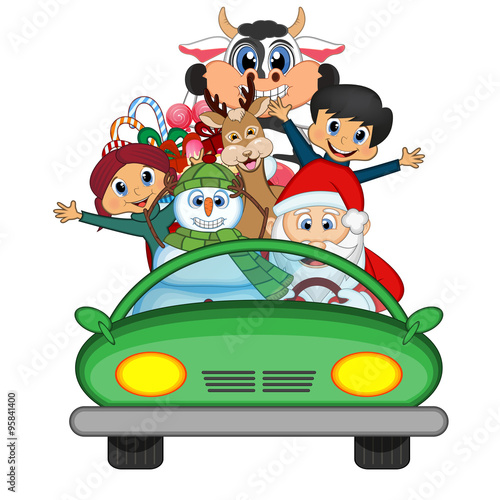 Santa Claus Driving a Green Car Along With Reindeer  Snowman And Brings Many Gifts Vector Illustration