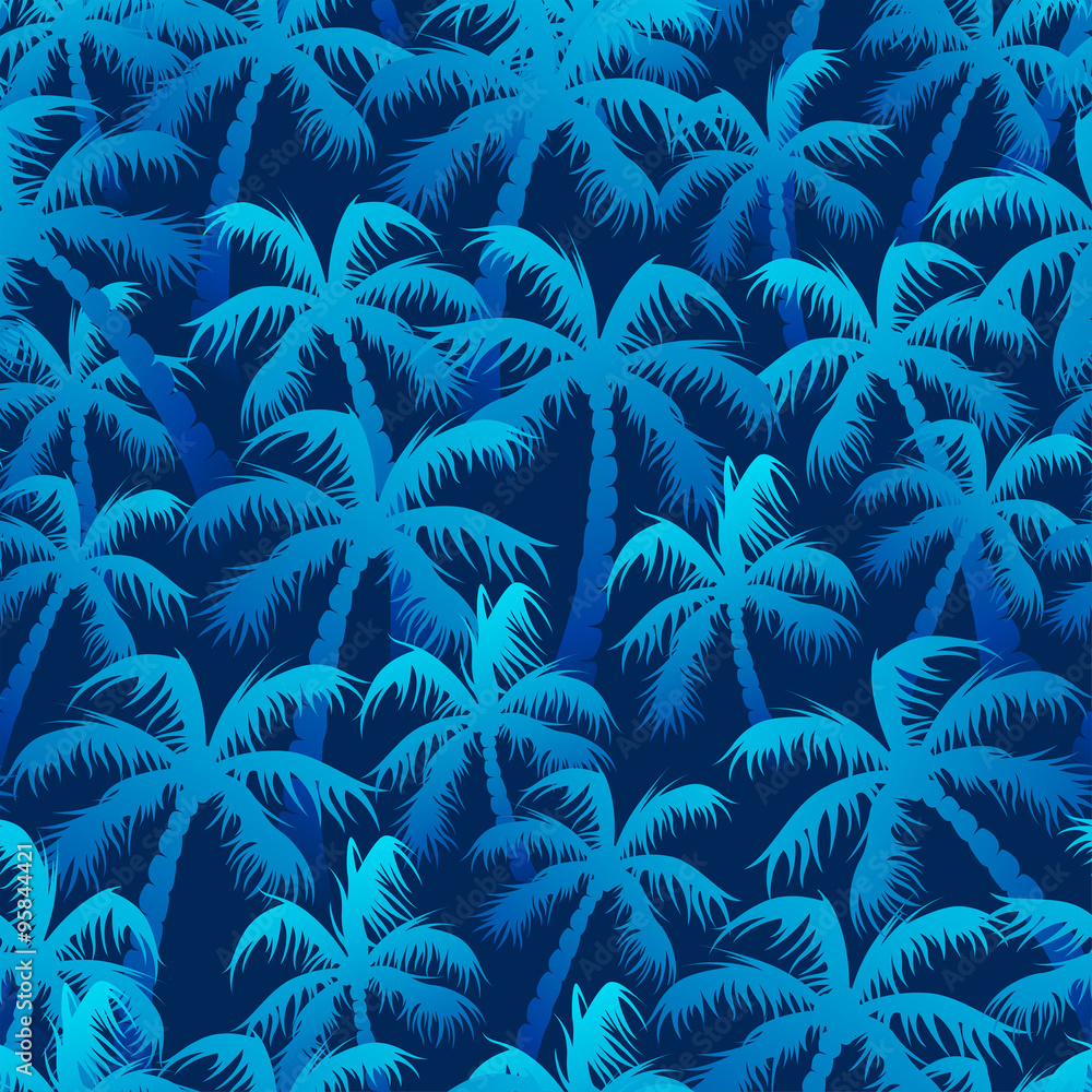 Naklejka premium Tropical blue palm forest in a seamless pattern