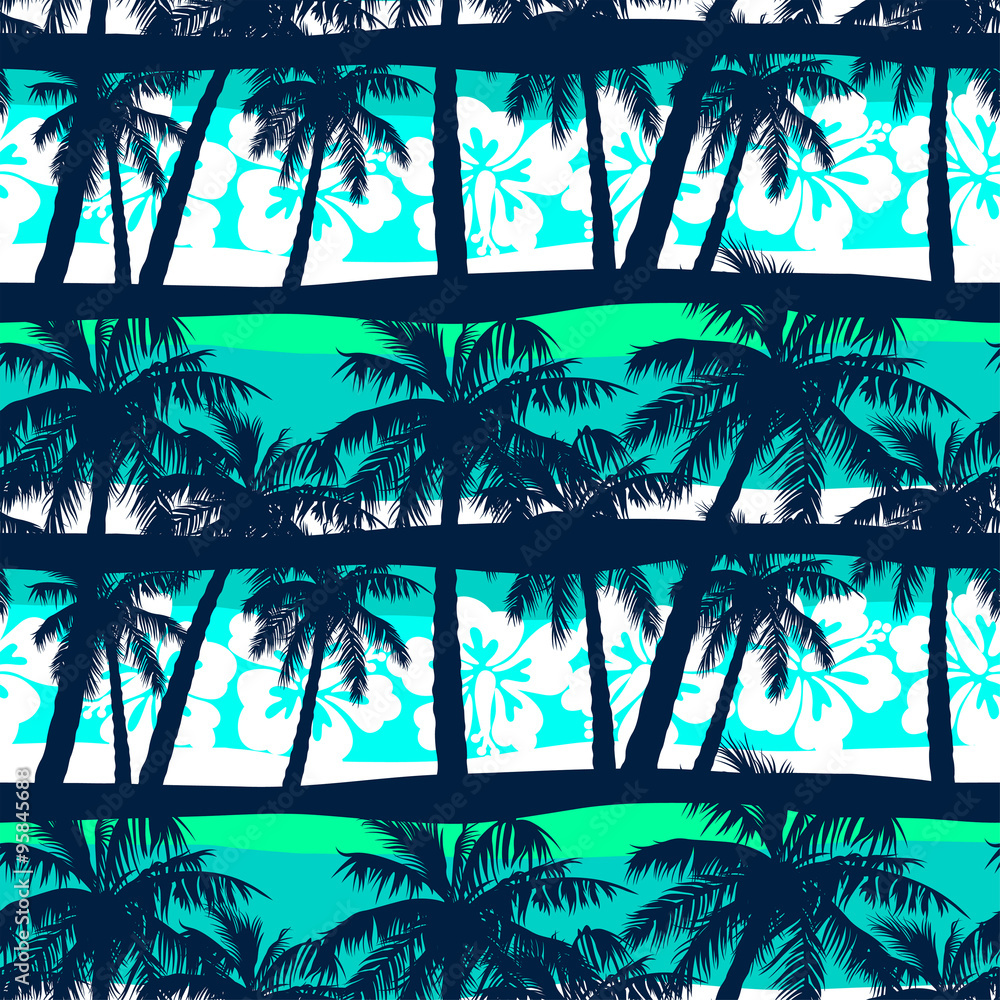 Naklejka premium Tropical frangipani with palms seamless pattern