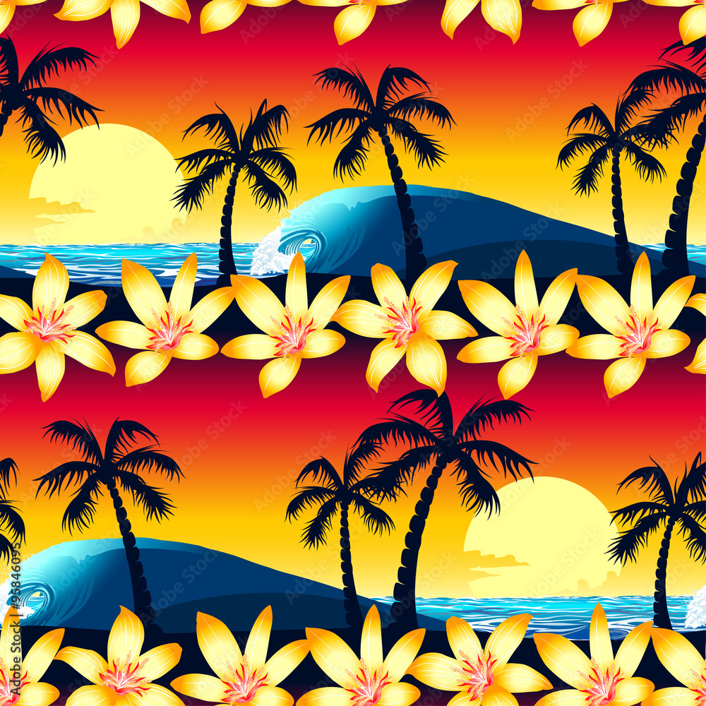 Obraz premium Tropical hibiscus and palm tree at sunset seamless pattern
