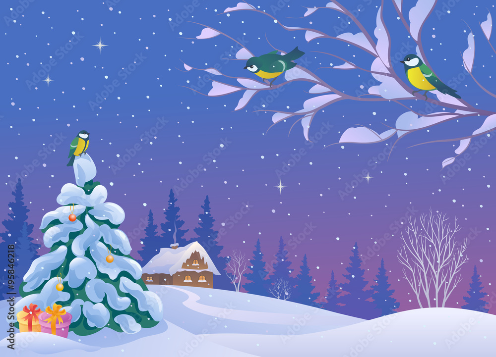 Christmas landscape with birds Christmas landscape with birds