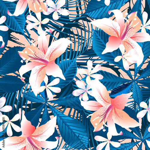 Tropical hibiscus floral 6 seamless pattern