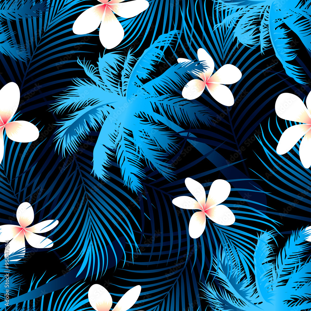 Obraz premium Tropical palm seamless pattern with black background