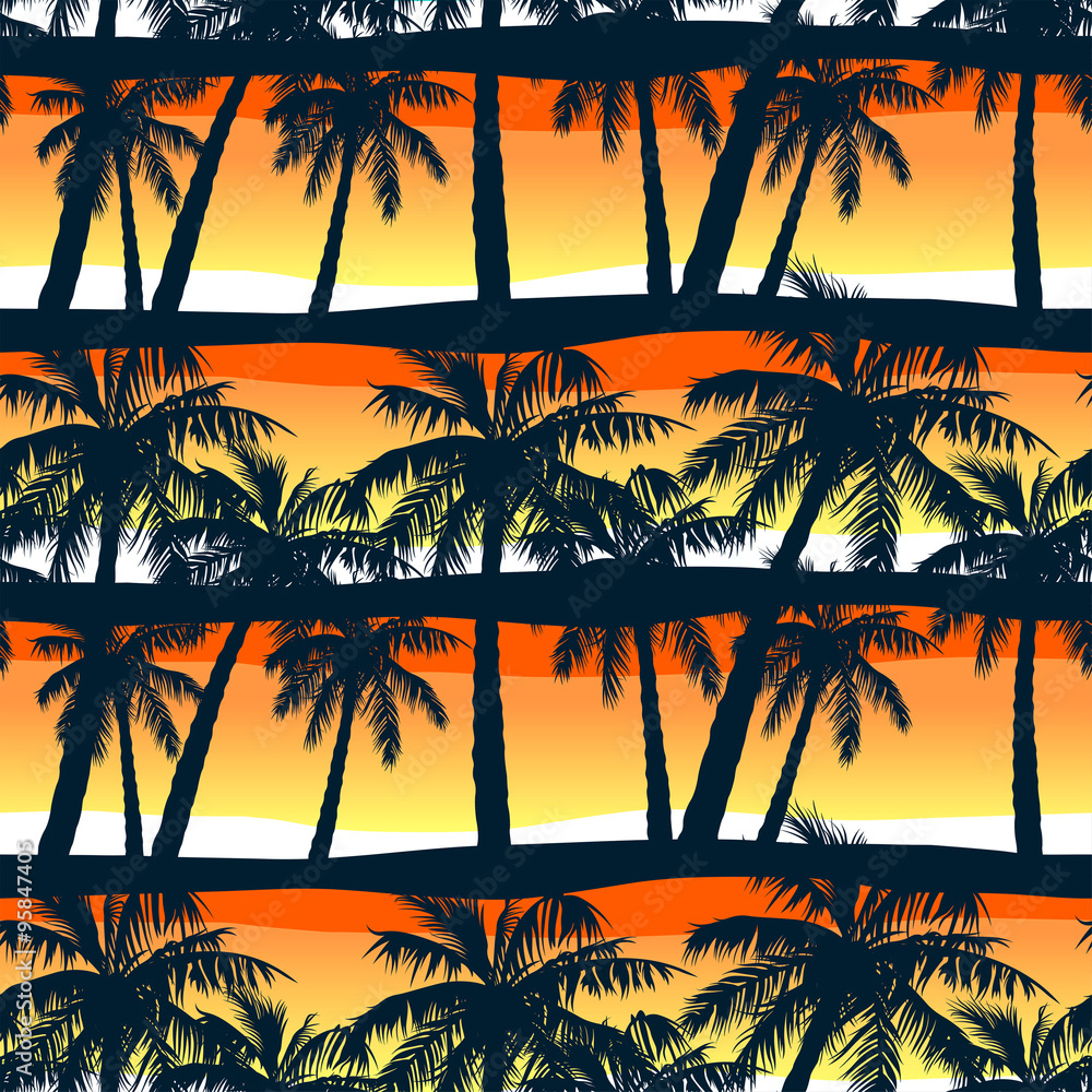 Obraz premium Tropical palms trees at sunset in a seamless pattern