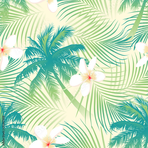 Tropical palm tree with flowers seamless pattern