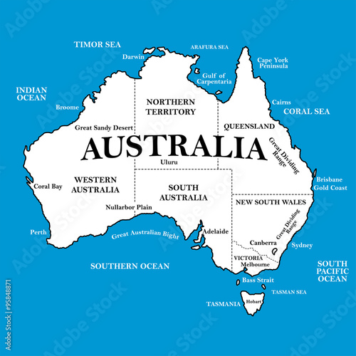 Map of Australia with locations on a blue background