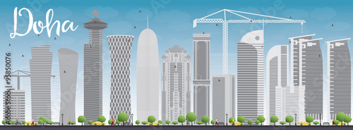 Doha skyline with grey skyscrapers and blue sky. Some elements have transparency mode different from normal