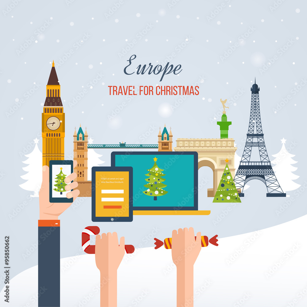 Travel to Europe for christmas. Merry Christmas greeting card design