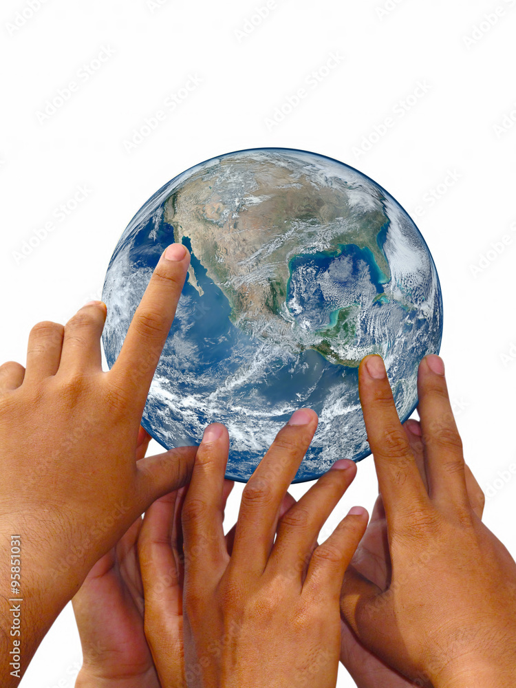  earth towering human hand. Elements of this image furnished by NASA - obrazy, fototapety, plakaty 