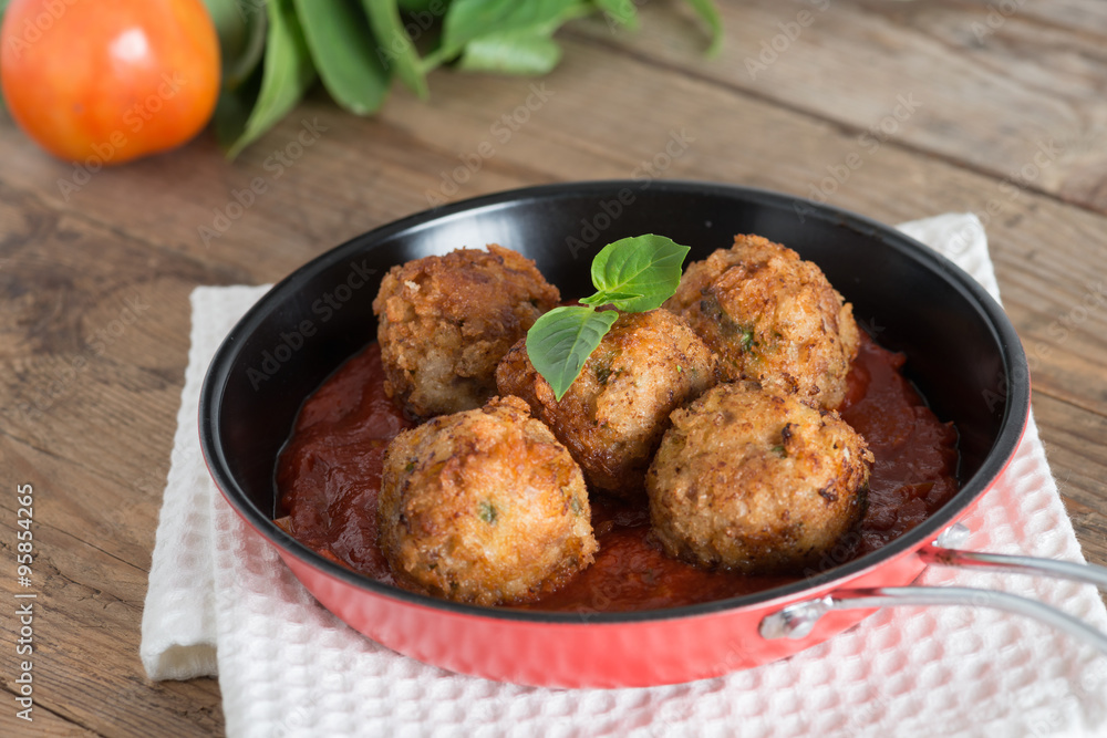 Meatball with tomato sauce in pan. Meatball with tomato sauce in pan.