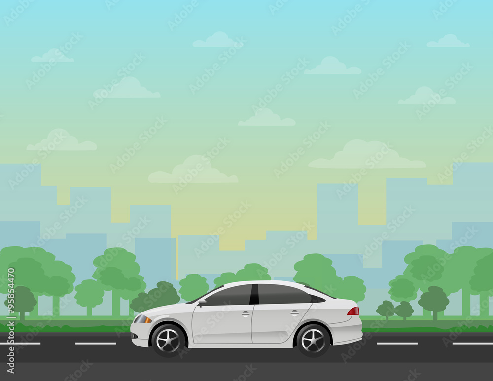 Car on the road with forest and cityscape background