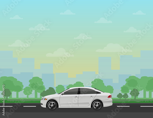 Car on the road with forest and cityscape background