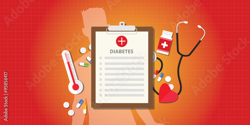 diabetes disease concept with clipboard, pils, capsule, and medicine