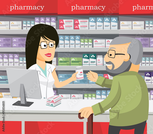 Pharmacist chemist woman in pharmacy. Senior buys drugs at the pharmacy. Sale of vitamins and medications. Funny vector cartoon simple illustration.