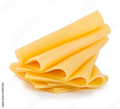 Slices of cheese close-up isolated on a white background.