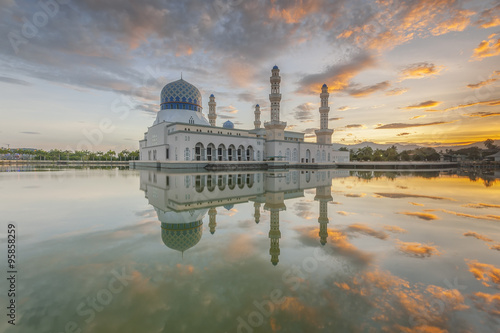 Panoramic Mirror Reflection view at public mosque Likas Kota Kinabalu, Sabah Borneo, Malaysia