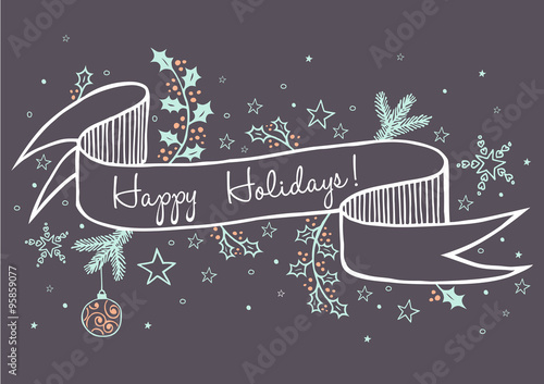 colorful winter holidays card, with yellow, abstract, geometric christmas tree on textured green background