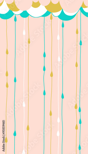 vector illustration of colorful clouds and rain drops on pink background