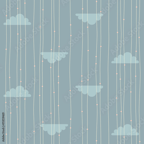vector seamless pattern of blue, yellow and pink clouds and rain motifs on dark blue background
