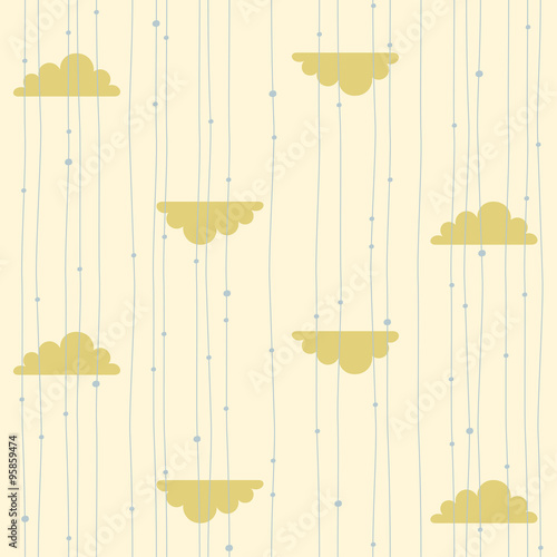 vector seamless pattern of blue and  ochre clouds and rain motifs on yellow background