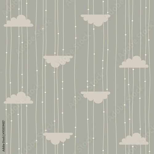 vector seamless pattern of beige clouds and rain motifs on brown-gray background