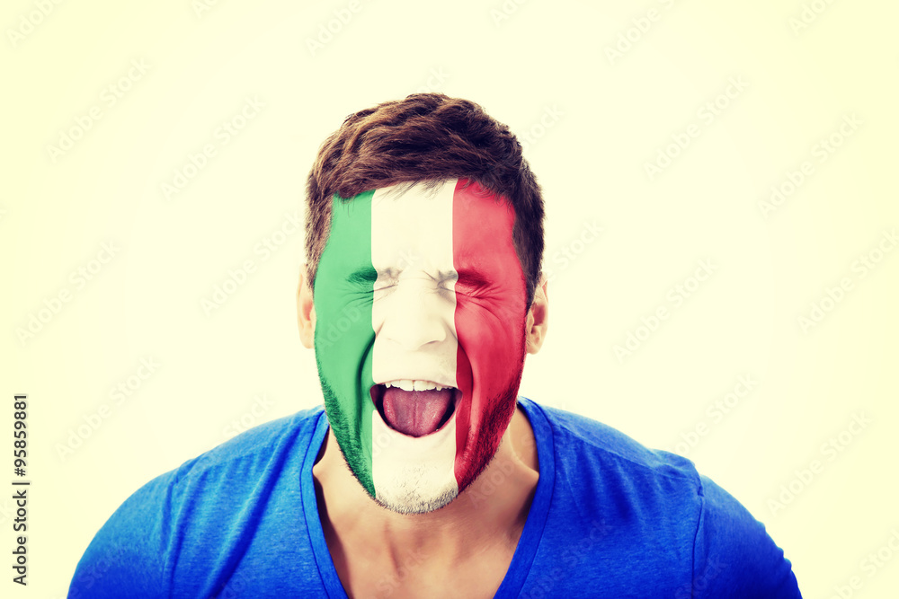Screaming man with Italy flag on face. Screaming man with Italy flag on face.