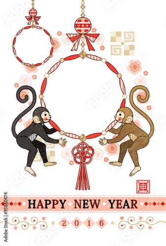 16年申年完成年賀状テンプレート 猿と和風の飾り物 Happynewyear写真フレーム Stock イラスト Adobe Stock