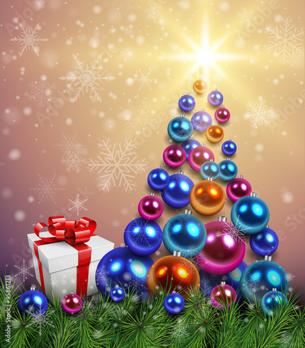 Christmas background with christmas tree, gift box and shiny balls