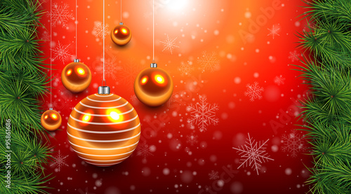 Christmas background red with gold balls and fir branches