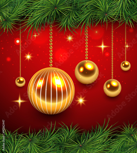 Christmas background red with gold balls and fir branches