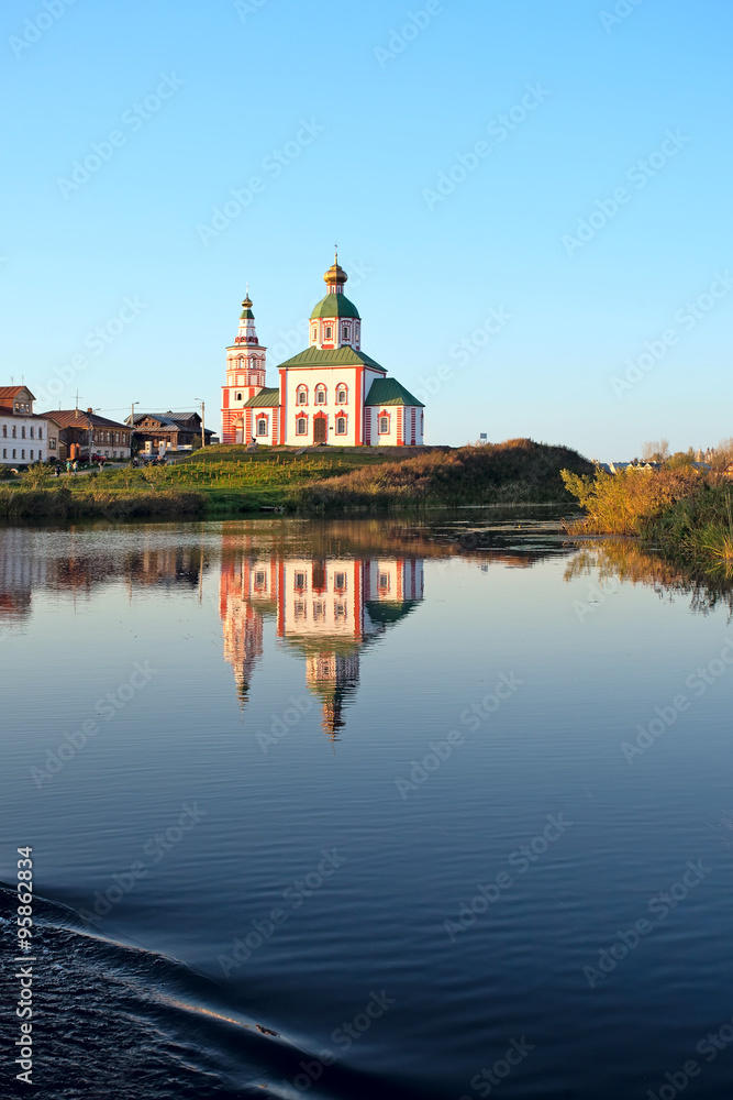 View of Kamenka river and orthodox church in Suzdal. Russia
