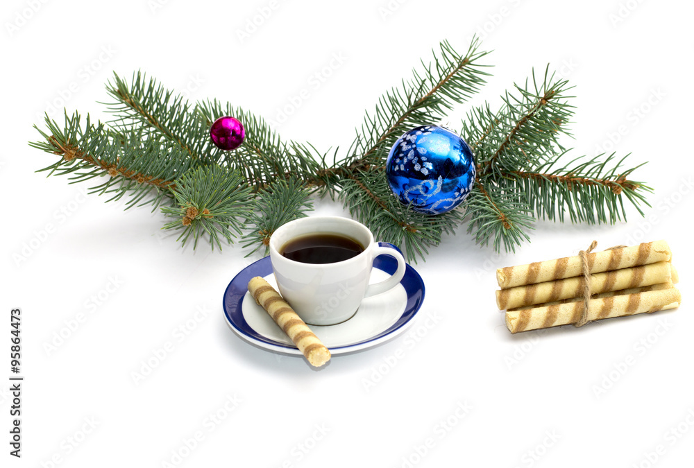 fir-tree branch with ornament, a cup of coffee and a linking of fir-tree branch with ornament, a cup of coffee and a linking of