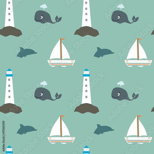 cartoon vintage retro sea seamless vector pattern with whale lighthouse boat and dolphin photo