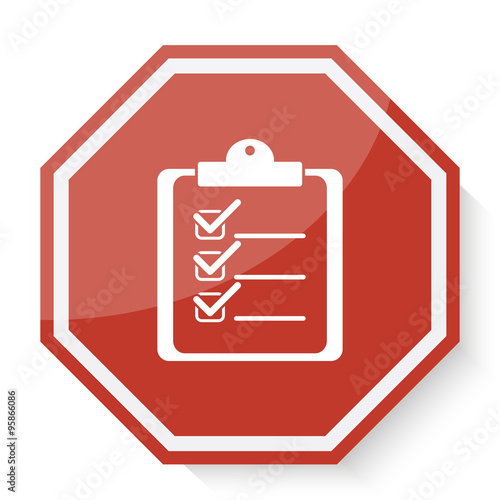 White Clipboard Checklist icon on red stop sign web app