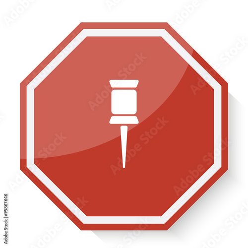 White Pushpin icon on red stop sign web app