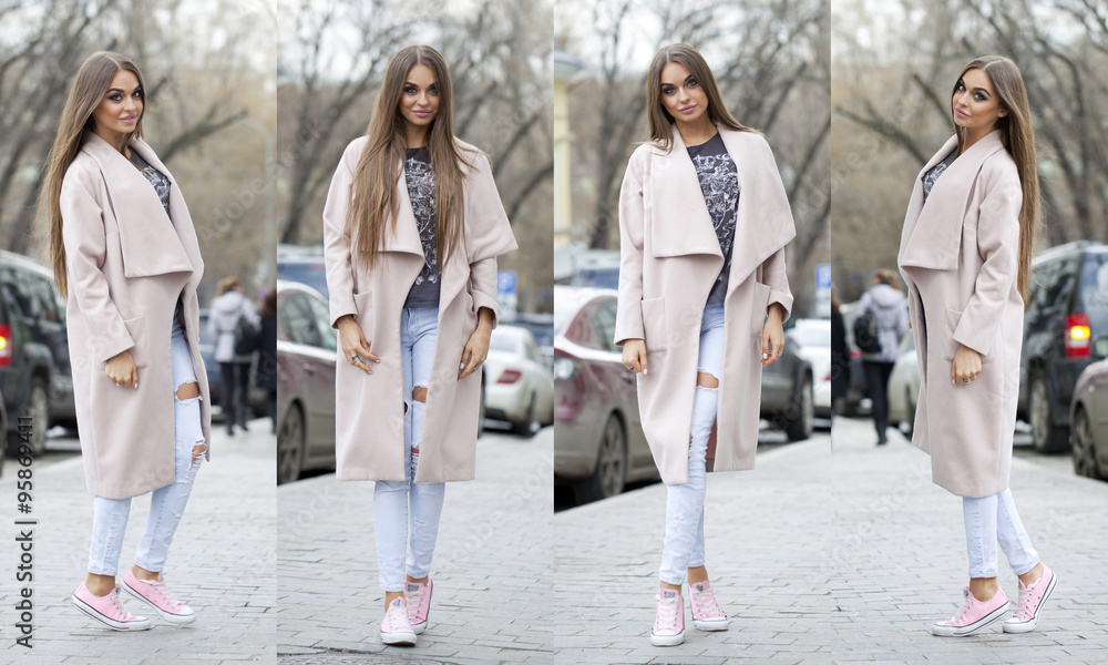 Young beautiful woman in beige coat and torn jeans and pink snea