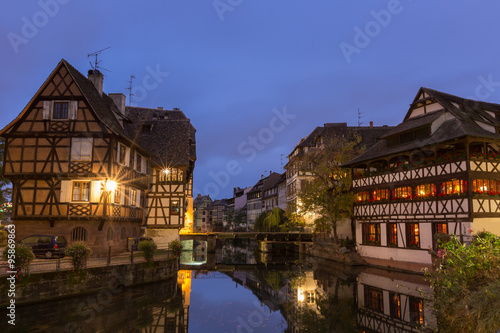 Classic view in "petite France" with canal ,Strasbourg at dusk