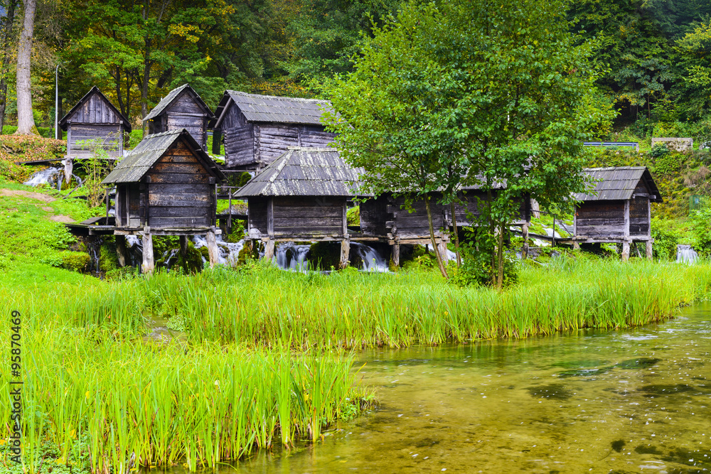 Old wooden water mills, Jajce in Bosnia and Herzegovina Old wooden water mills, Jajce in Bosnia and Herzegovina